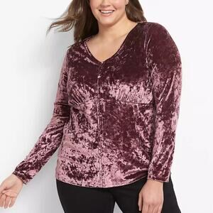 Lane Bryant Crushed Velvet Top Womens Size 22/24 Plum V-Neck Babydoll Whimsigoth
